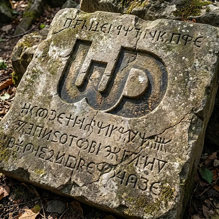 Ancient cracked stone block with a carved Womp Designs logo surrounded by chiseled runic text.