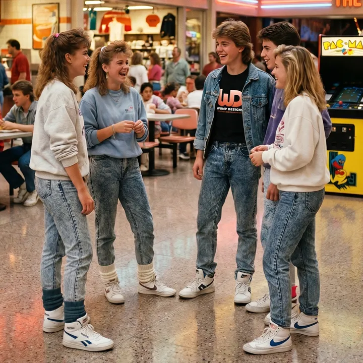 Group of teens in 1980s fashion talking in a mall, with one wearing a black Womp Designs t-shirt.
